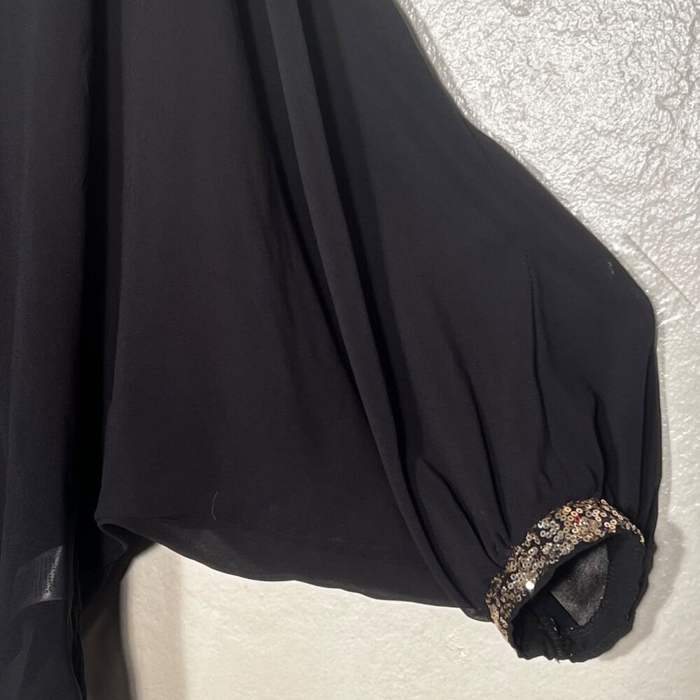Umgee S Black Batwing Gold Sequin Top USA Sheer Layering Fairy Goth Whimsical - Picture 7 of 16